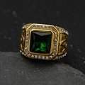 Men's vintage gold stainless steel ring with green emerald cut gemstone and side diamonds - Gold + Green Stone