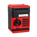 Macro view of ATM piggy bank with digital keypad and red-black security vault dial - New Black Red