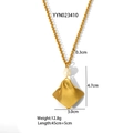 Detail of gold titanium steel necklace with pearl wave pendant and sizing specifications - Wave Square Pearl Style (YYN023410)