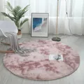 Close-up of a pink and white tie-dye round plush rug on light wood flooring in a room - 80*80cm / Gradient Pink Purple