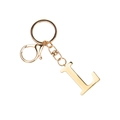 Close-up of golden stainless steel letter L keychain with lobster clasp on white background - Letter L