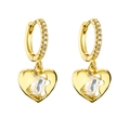 Detail of gold heart earrings with micro-paved zircons and a baguette-cut center stone - Gold Clear Zircon Hollow Heart 1 Pair