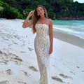 Elegant white lace off-shoulder long beach dress for women with slim fit silhouette - S / White