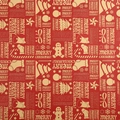 Kraft Christmas wrapping paper with red background, gold Merry Christmas text and icons - Gingerbread Man
