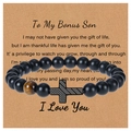 Mens beaded bracelet with black matte beads, tiger eye stone, and US flag cross charm - To My Bonus Son