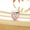 Silver crescent moon earring with pink heart gemstone and sparkling round crystal - Pink Heart Moon Style-A203 (Single Piece)