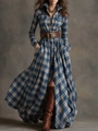 Detail of blue and white plaid shirt dress with brown leather belt and flannel texture - Size 8 Blue Checkered - Includes Belt / S