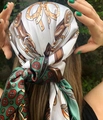 Satin square scarf with vintage equestrian print worn as a chic headscarf for women - 90x90cm / Green Coin