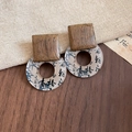Detailed close-up of square wood and resin hoop earrings with Chinese calligraphy - 925 Sterling Silver Earring Post Brown Wood Calligraphy & Bamboo Ring (Silver Needle-Brown-Print)