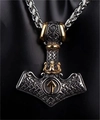 Viking Thor Hammer pendant in retro silver and gold two-tone finish with metal chain - Gold and Silver Thor's Hammer Style (No Chain)