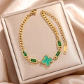 18k rose gold plated clover bracelet with green rectangle stones in luxury jewelry box - Gold Green