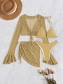 Ensemble bikini 4 pièces jaune moutarde avec haut en dentelle et jupe portefeuille - XS / Kaki clair