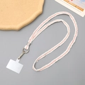 Pink and gold woven phone strap with silver clasp and transparent connector tab - 12mm Width / Pink & White