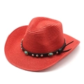 Detail of red woven cowboy hat with turquoise beads and silver studs on black leather band - Red