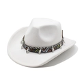 White felt western cowboy hat with ethnic geometric band and silver leaf pendants - M (56-58cm) / White