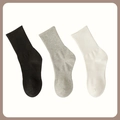 Three-pack cotton crew socks in black, light grey, and cream white with ribbed cuffs - Double Elastic Long Socks / Black White Grey Mix