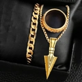 Detailed view of hip hop gold chain bracelet, arrow necklace and ring set on black leather - Gold Arrow Set