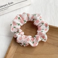 Cream floral print fabric scrunchie with pink flowers on a wooden display tray - 4# Cream Pink Floral