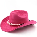 Detail of rose pink suede cowboy hat featuring elegant pearl band and wide brim design - M (56-58cm) / Rose Red