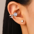 Silver ear cuff and stud set with clear zircons shown on model for women - White Main Stone Silver Zirconia Ear Bone Clip Style (G-479)