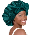 Dark green silk satin sleep bonnet featuring a large bow and wide band for hair care - Large / Dark Green