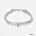 Silver snake chain bracelet featuring a rectangular bar set with four blue zircon stones - Silver Bracelet with Blue Stone (SBP117)