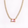 Elegant gold necklace featuring a rectangular pink zircon stone with clear diamond accents - Gold Pink Zirconia Square