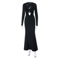 Detail of elegant V-neckline with ruffle trim and cutout design on black fitted dress - XS / Black