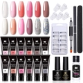 Extension nail gel kit with 12 colors, base top coat, slip solution and tools - Full 12-Color Large Set-With Lamp