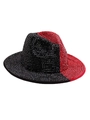 Detail of disco bucket hat with black and red split design and silver pointed studs - Full Rhinestone Black Red Top Hat Style