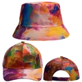 Detailed views of tie-dye bucket and baseball hats with vibrant abstract print patterns - Blue Purple White Abstract Tie-Dye Set (Style 1) / Baseball Cap + Bucket Hat