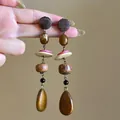 Retro bohemian drop earrings with wood grain texture and multi-colored resin beads - 2# 925 Sterling Silver Earring Post - Coffee - Multi-segment Wood Splicing