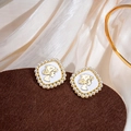 Square pearl earrings featuring a vintage gold embossed goddess profile and golden border - Goddess Portrait Square Pearl Style (E5164-2)