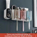 Ecoco wall-mounted toothbrush holder with 3 colored cups and automatic toothpaste dispenser - 3-Cup Set + Black Dispenser