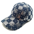 Blue denim baseball cap with silver sequin checkerboard pattern and distressed details - M(56-58cm) / Dark Blue