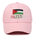 Pink cotton baseball cap with Palestine flag embroidery and text in a front view - Adjustable / Pink