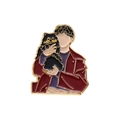 Artistic enamel pin showing a man in burgundy jacket holding a small dog with gold trim - Red Jacket Character with Dog (XZ8392)
