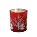 Red glass candle holder with silver forest landscape and reindeer pattern design - Red Christmas Tree