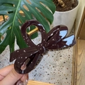 Detail of dark brown bow hair claw clip with golden spring on green leaf background - 10.5cm / Chocolate