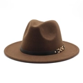 Detailed close-up of brown wide brim fedora hat with black belt and gold chain buckle - M (56-58cm) / Coffee