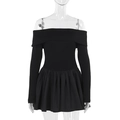 Detail of off-shoulder black mini dress featuring long sleeves and pleated flare skirt - S / Black