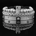 Silver skull crown bracelet set with stainless steel mesh weave and zircon inlays - Steel Color Crown with White Zircon & Screw Bangle
