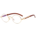 Retro round sunglasses with gold metal frame and brown wood grain temples in a 45-degree view - Gold/Clear
