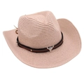 Close-up of a pink cowboy straw hat featuring a bull skull pendant and metal rivets - One Size / Light Pink