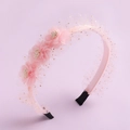 Pink floral headband with gold polka dot mesh and three fabric flowers for girls - Style D