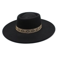 Cappello fedora classico in feltro di lana nero a tesa larga con nastro etnico ricamato - M (56-58cm) / Nero