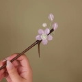 Bamboo charcoal wood hair stick with pink glass flower and white pearl accents - Glazed Pink Flower (S399)