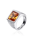 Silver stainless steel square ring featuring a polished amber gemstone and engraved sides - Gold Yellow Zirconia