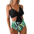 Women's black bikini top with bow and high-waisted swirl print bottom - Black Top Green Bottom