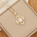 Golden necklace with a retro geometric flower pendant featuring sparkling clear crystals - 3# Gold Retro Flower Zirconia Style